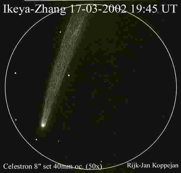 Ikeya-Zhang
Technik - Technique: Zeichnung
Homepage: www.spaceweather.com/comets/Ikeya-Zhang/r_koppejan_2002c1_031702.jpg
URL: www.spaceweather.com/comets/Ikeya-Zhang/r_koppejan_2002c1_031702.jpg
Datum - Date: 20020317
Zeit - Time: 19.45 UT
Autor - Author: Rijk-Jan Koppejan
Ort - Place: Philippus Lansbergen Observ., Middelburg, Niederlande
Instrument: 8" C8, f=40 mm (50x)
Compilation by Jost Jahn